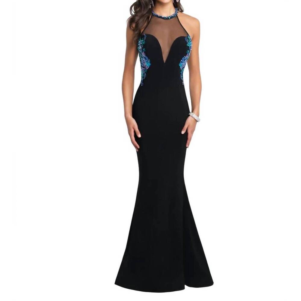 NEW BLUSH PROM sheer high neck beaded prom dress in black/multi
